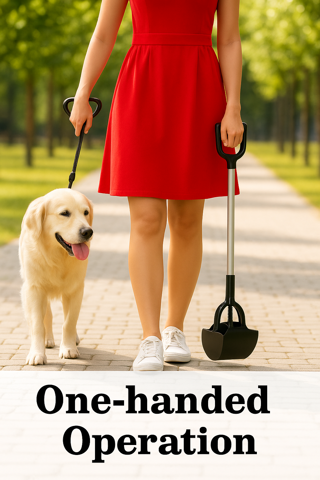 Woman walking a dog while holding a one-hand pet poop scooper.