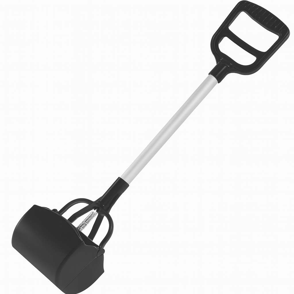 ALT: Black one-hand pet poop scooper displayed at an angle on a white background.