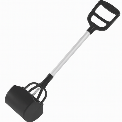 ALT: Black one-hand pet poop scooper displayed at an angle on a white background.