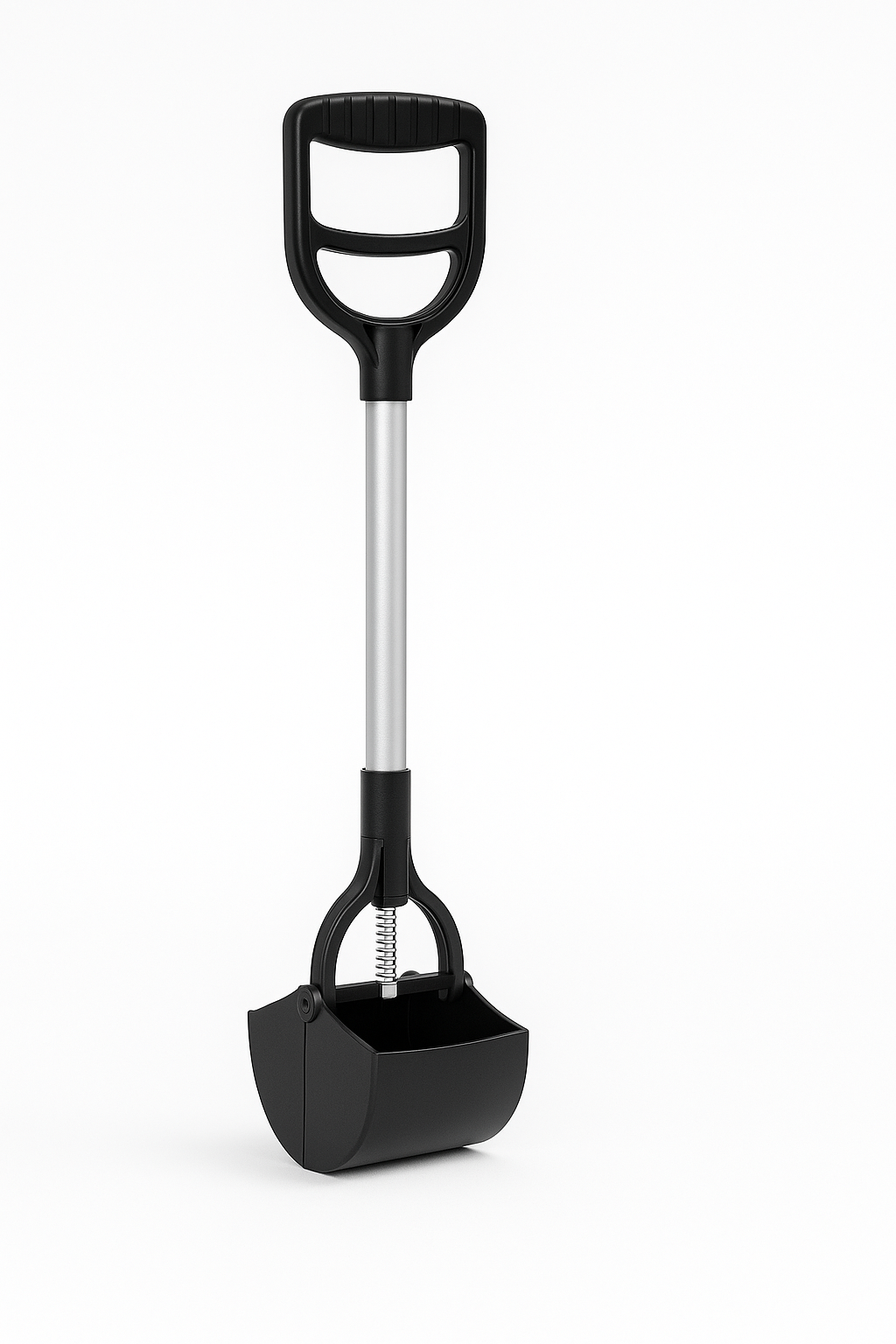 Image 1 (Scooper alone, white background)
ALT: Black one-hand pet poop scooper standing upright on a white background.