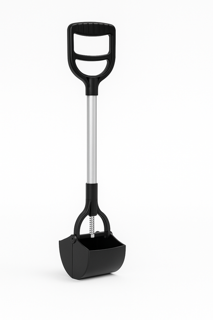 Image 1 (Scooper alone, white background)
ALT: Black one-hand pet poop scooper standing upright on a white background.