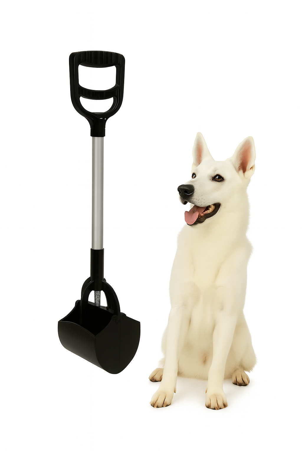 White dog sitting next to a black one-hand pet poop scooper.