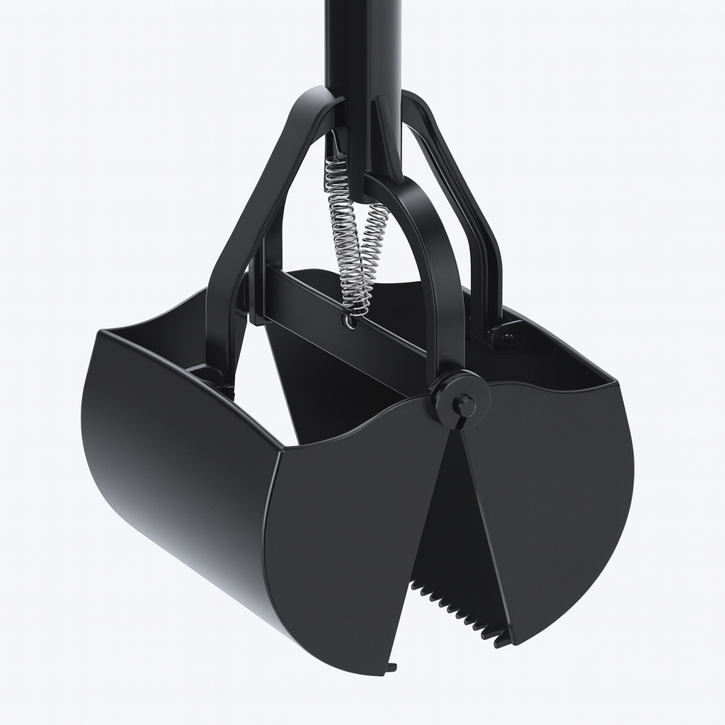 Close-up view of the spring-loaded grabber mechanism on a black pet poop scooper.