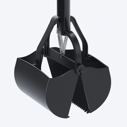 Close-up view of the spring-loaded grabber mechanism on a black pet poop scooper.