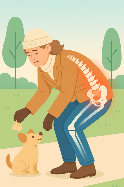 Illustration of a person bending to pick up dog waste, showing spine pain and strain.